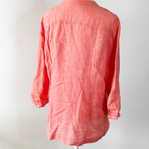 Lands End Linen Top Large Button Front Long Sleeve 14 16 Orange V Neck - Picture 4 of 4
